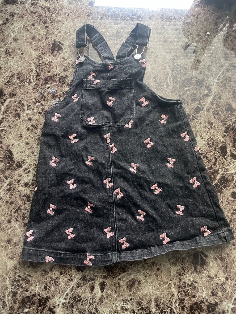 Girls' Black Denim Overall Dress with Minnie Mouse Bows